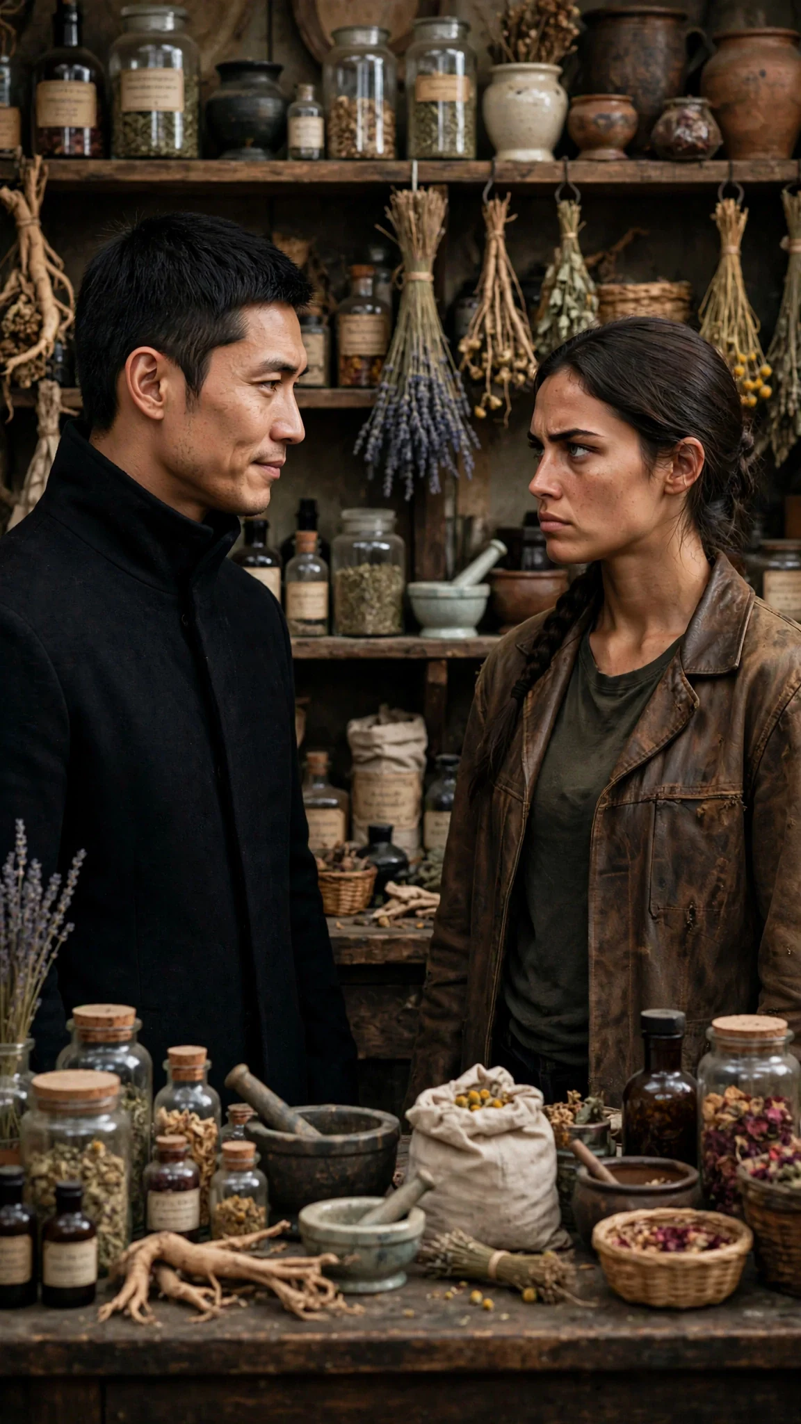 The man’s controlled face meets the woman’s demanding stare in the stillroom.
