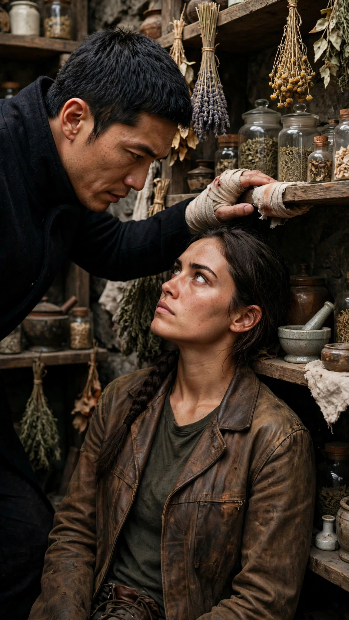 The man plants his hand on the shelf beside the woman’s head, trapping her in close space.