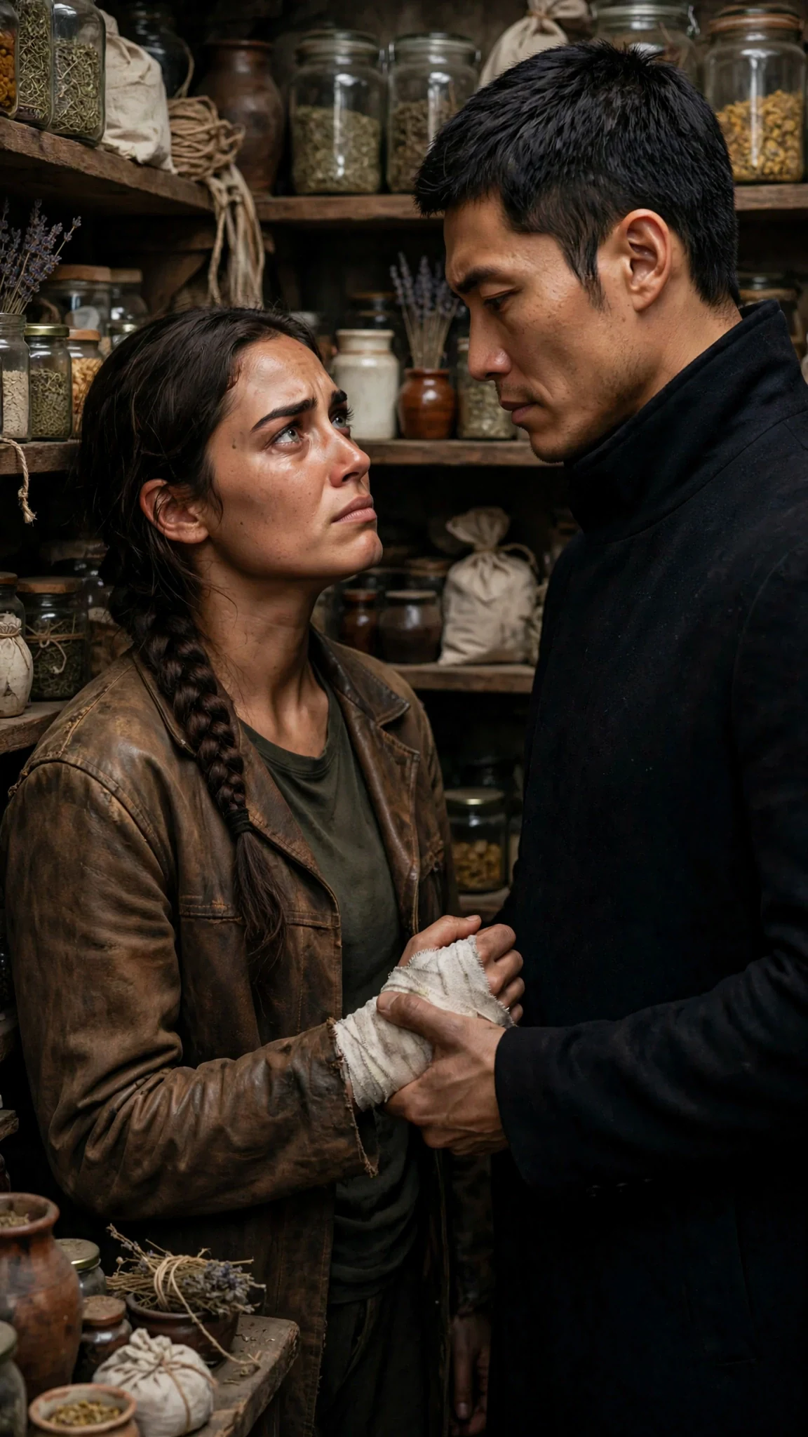 The woman looks up at the man with fury and hurt as he refuses her.