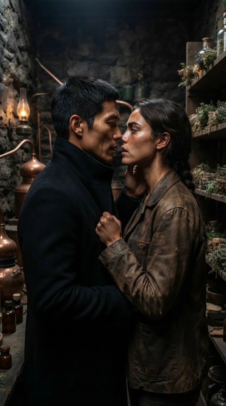 The man and woman are about to kiss, faces inches apart, her hand gripping his coat.