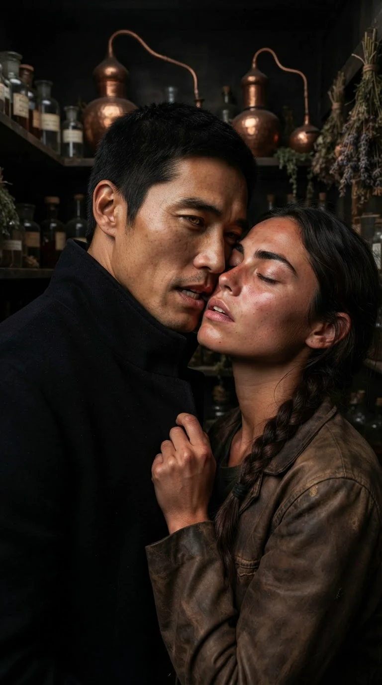 The man pulls back from the kiss, his teeth just touching the woman’s lower lip.