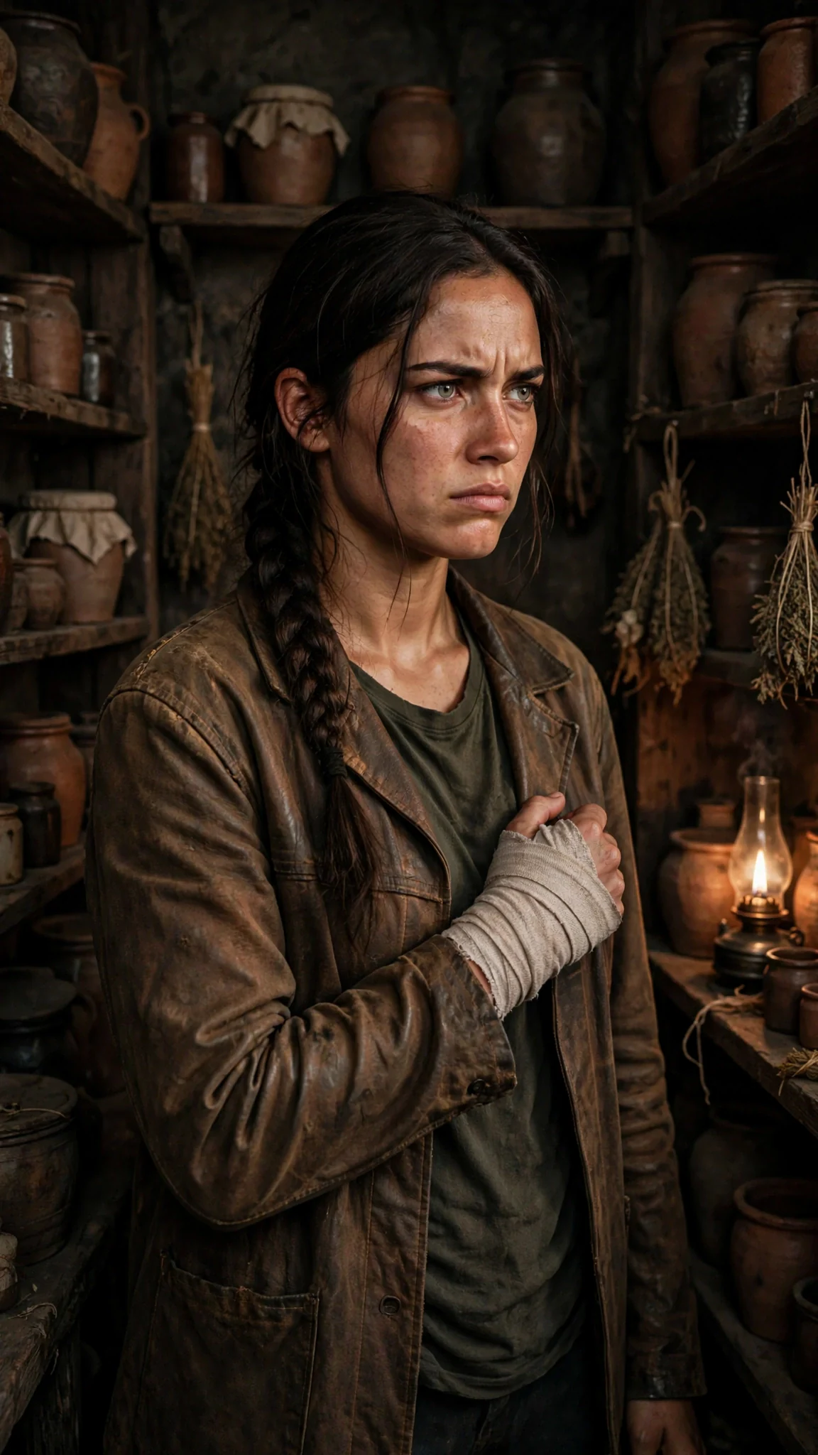 The woman stands alone in the stillroom, her wrapped wrist held tight against her chest.