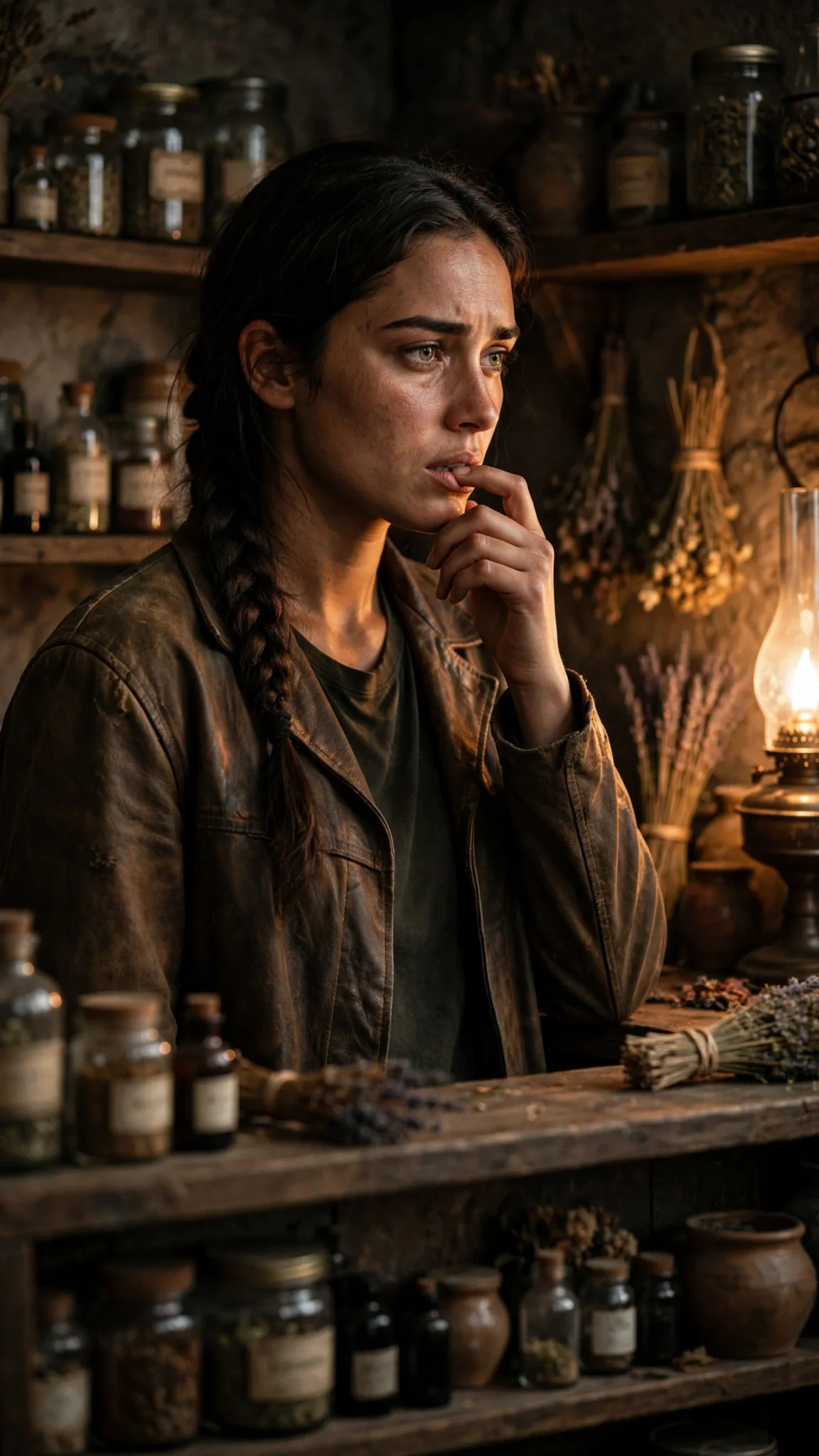 The woman touches her bitten lip alone in the dim stillroom, her face torn between anger and want.
