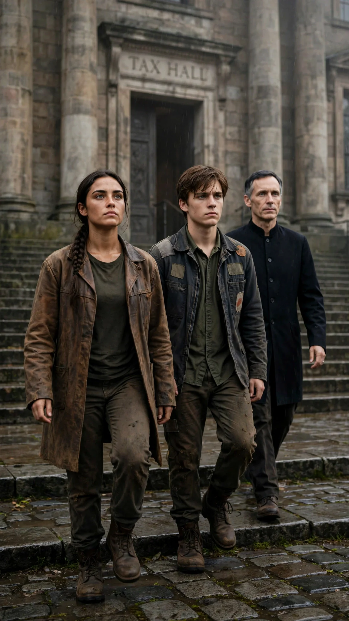 Sorrel and Fenn climb the tax hall steps at dawn with the steward behind them.