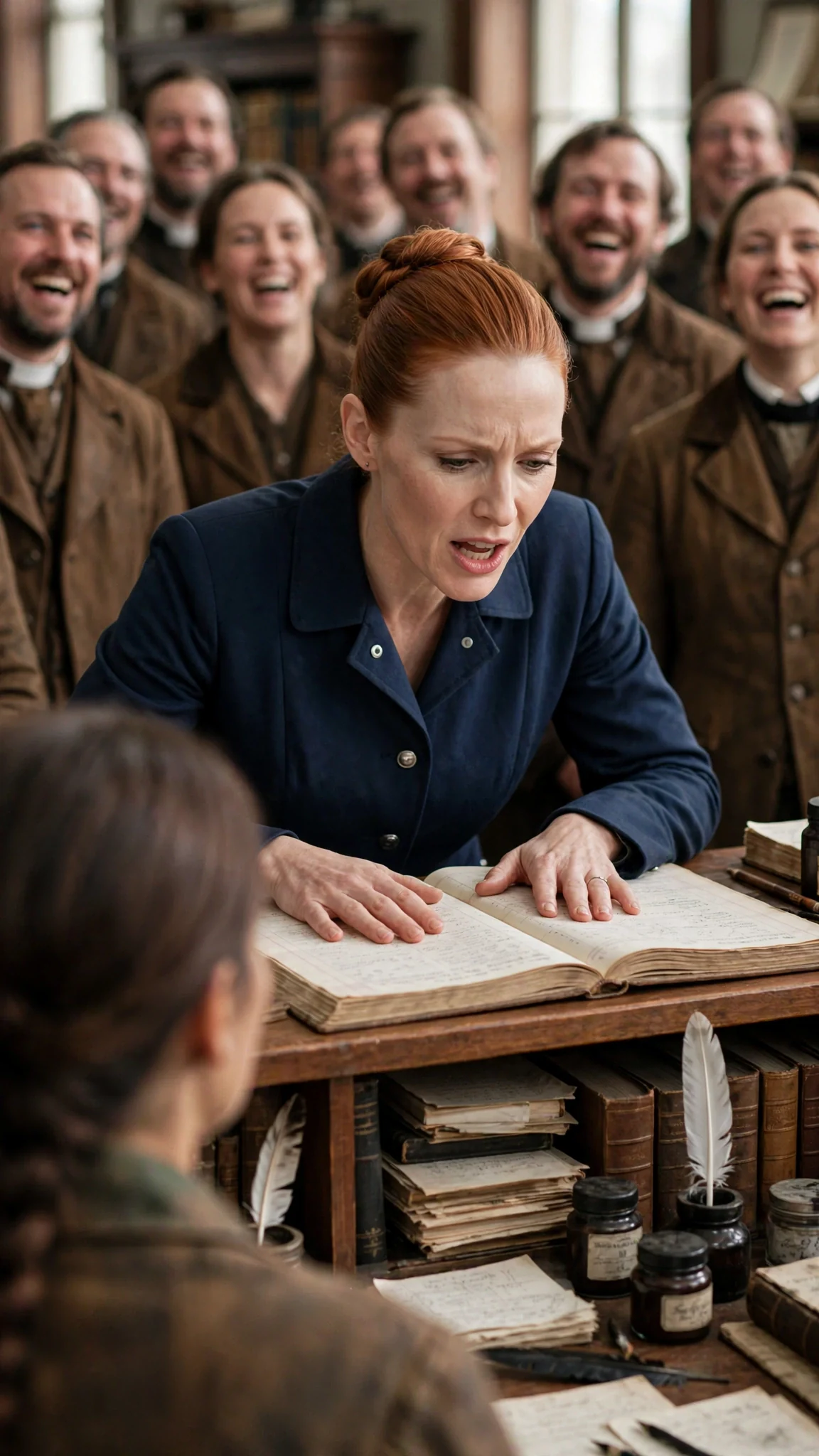 Lysa leans over the rail to ask her crude question, and the benches laugh.