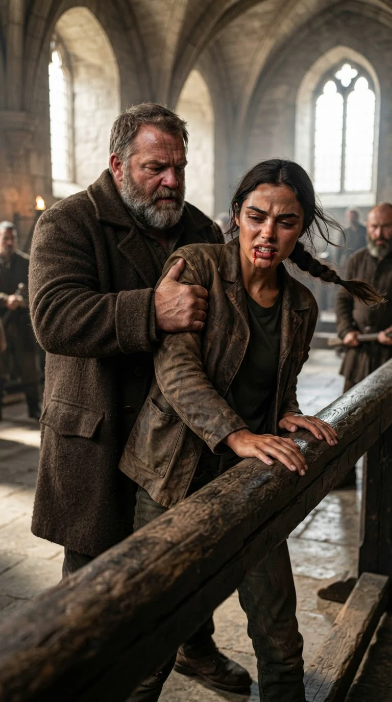 A guard bends Sorrel's wrist back and shoves her into the rail, splitting her lip.