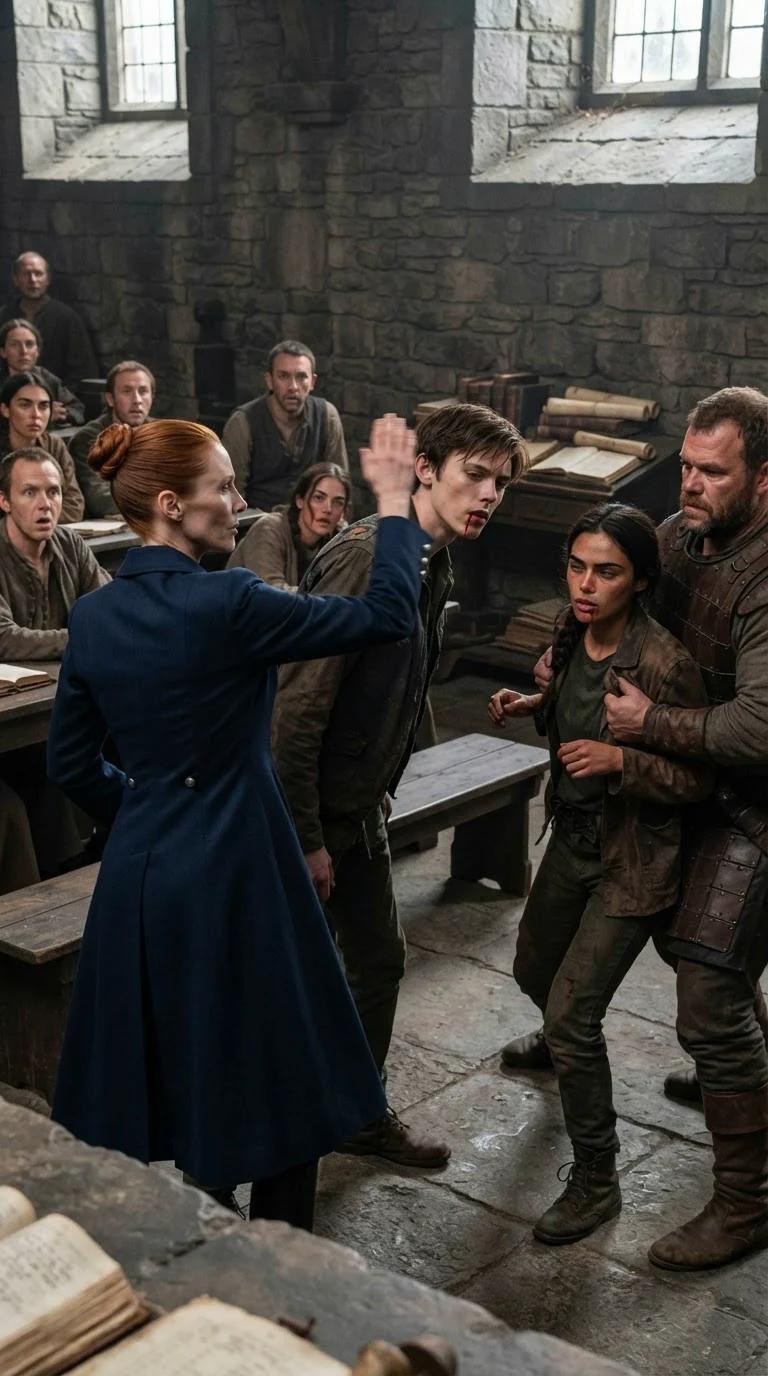 Lysa slaps Fenn across the mouth and blood runs from his lip.