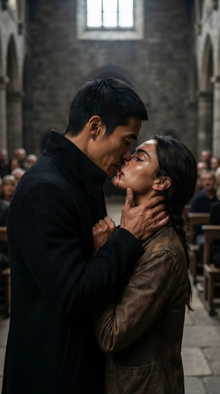 Vareth kisses Sorrel in front of the silent hall, her hand fisted in his coat.