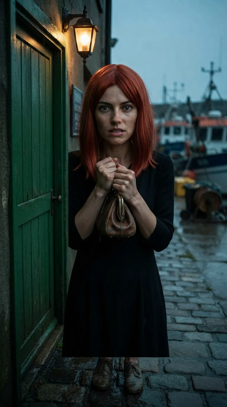 A small woman in a cheap red wig stands on a wet stone street under a single lamp, her hands knotted around a thin purse.