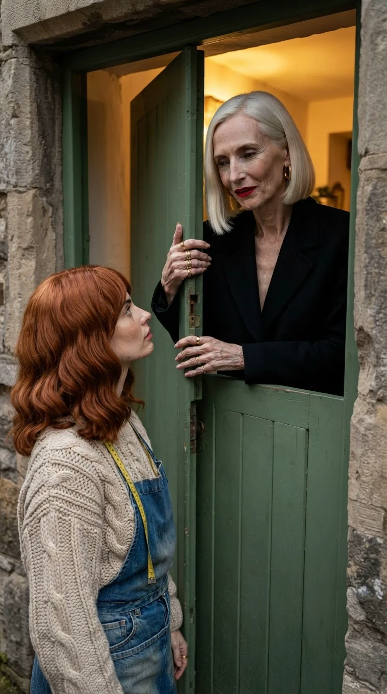Delphine in a long black coat and platinum bob opens the door and looks her up and down.