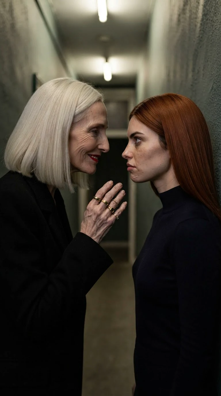 Delphine leans close in the hallway, speaking low to the woman in the red wig.