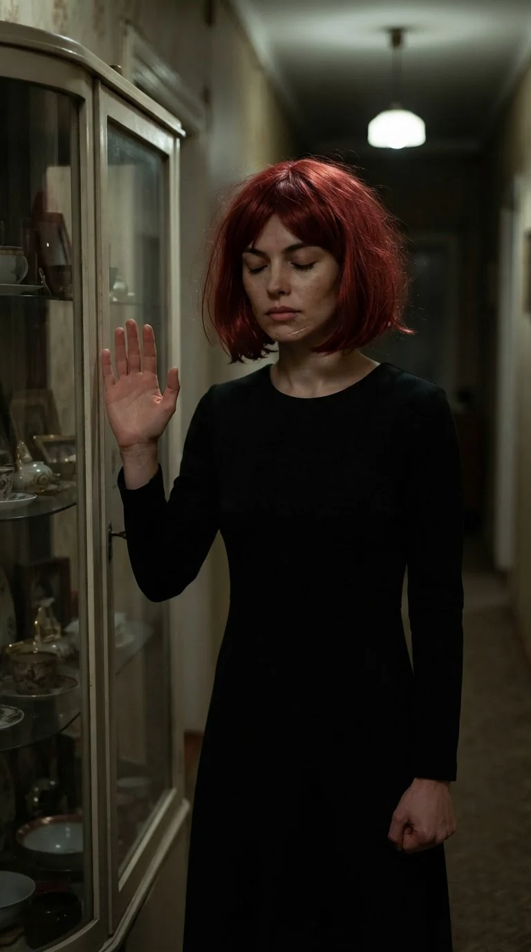 The woman in the red wig closes her eyes in the hallway, one hand flat on the cabinet, deciding.