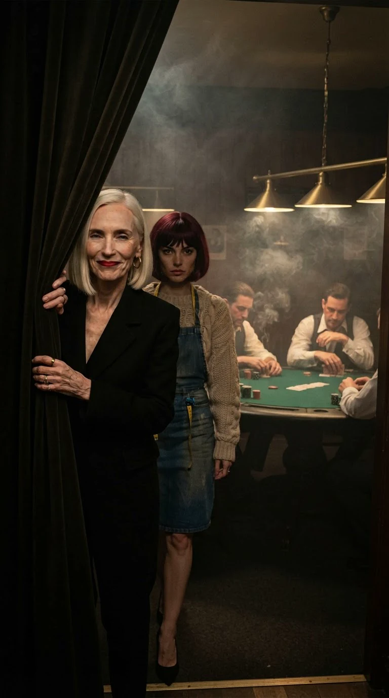 Delphine parts a heavy curtain onto a smoke-filled back room with a green felt table.