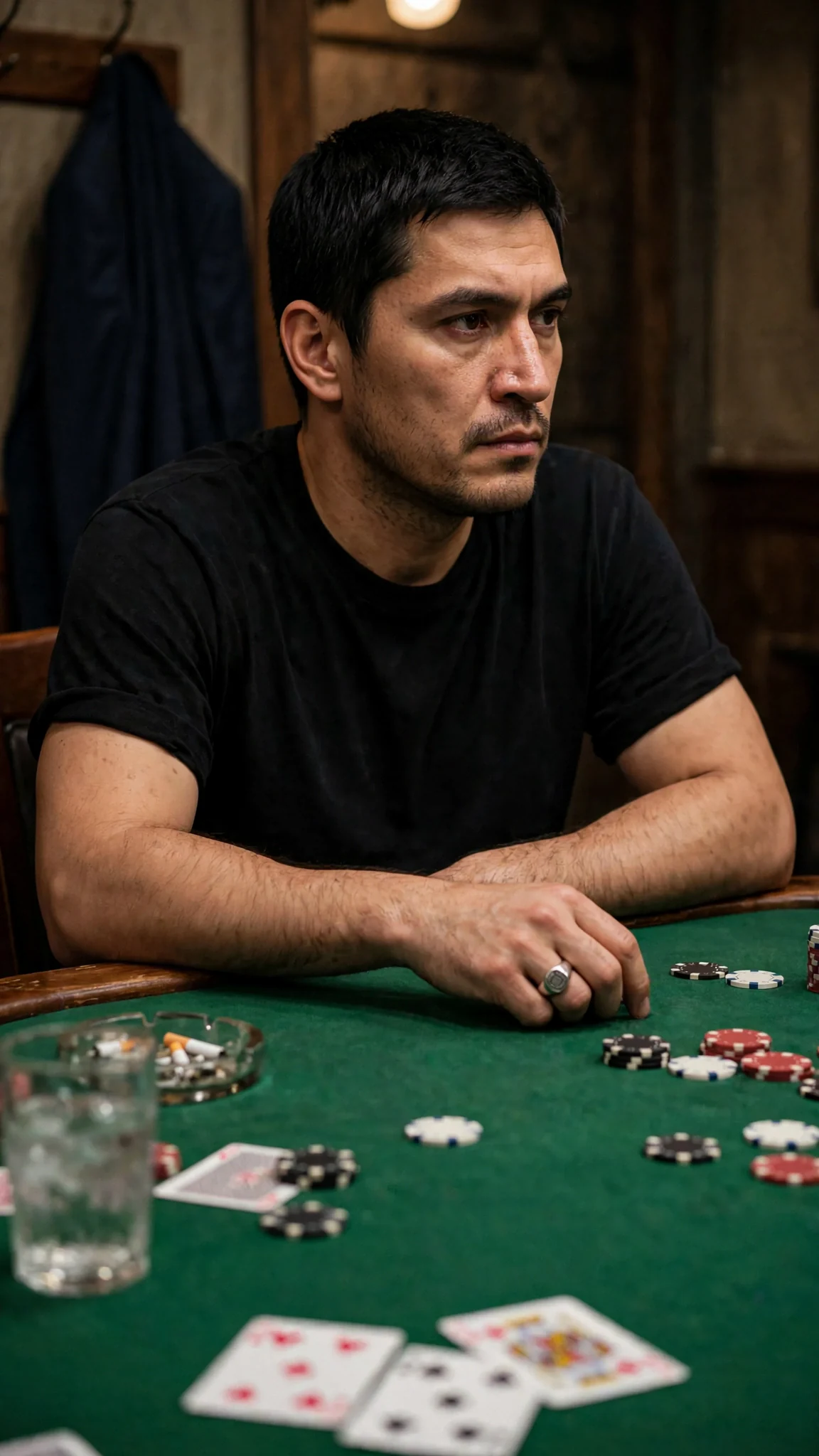 A broad-shouldered man with a broken nose sits alone at the far end of the card table, jacket off, staring at nothing.
