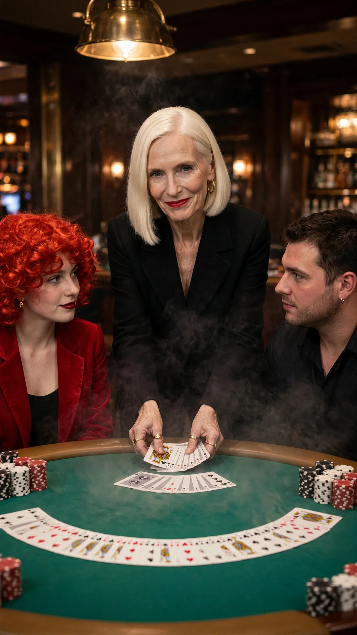 Delphine stands at the head of the felt table, dealing cards between the seated players.