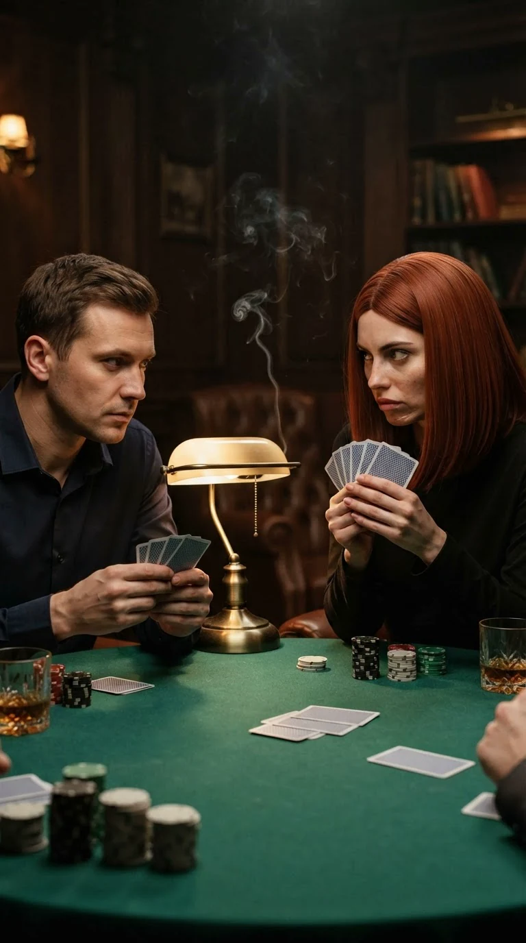 The woman in the red wig holds her cards badly and stares across the table at the man, who hasn't looked up.