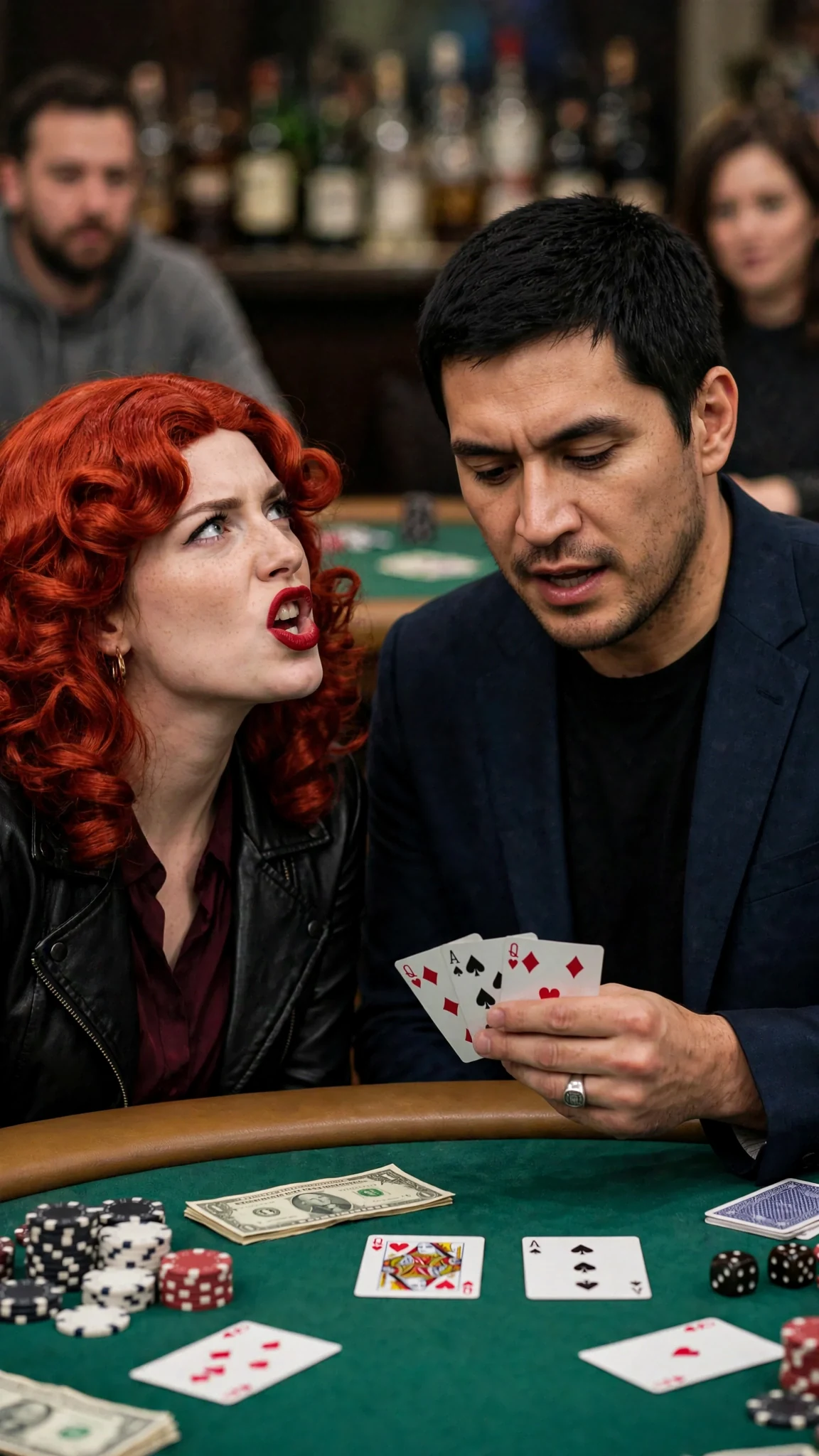 The man finally speaks, eyes still on his cards, and the woman in the red wig answers him across the felt.