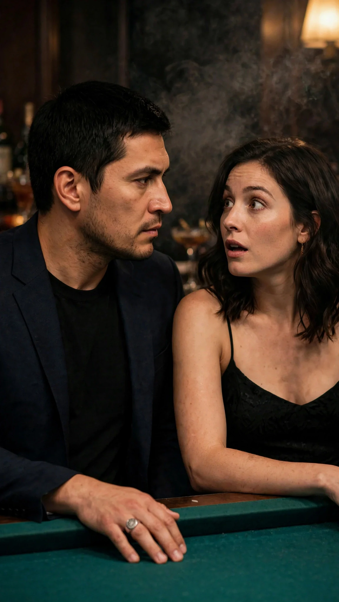 The man leaves his chair and sits on the edge of the table beside her, his chest pressing against her arm.