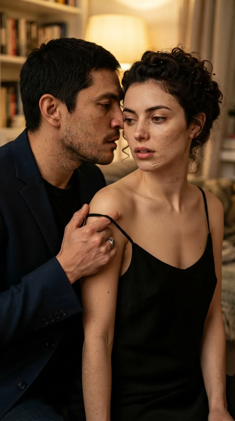 His fingers on the thin strap of her black dress, sliding it down her shoulder, his face close to her ear.