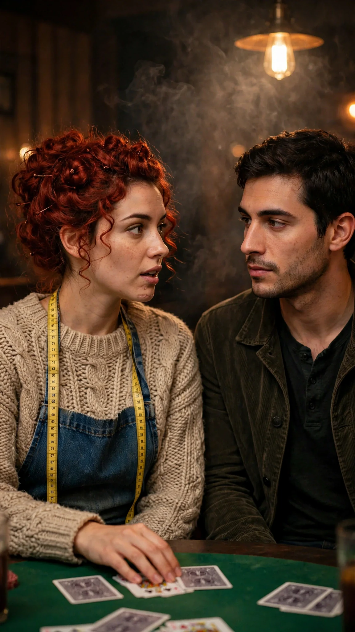 The woman in the red wig stares at him, mouth open, her cards forgotten on the table.