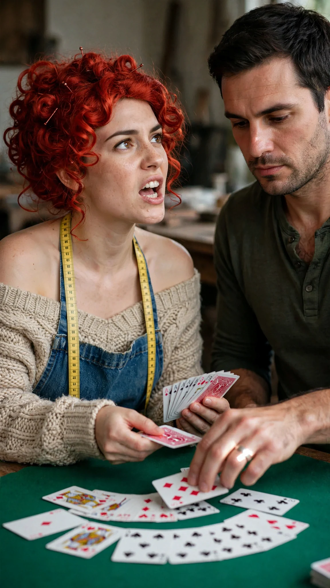 She says yes, her chin up, and he sets her cards down on the felt.
