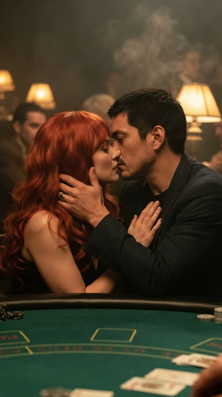 He kisses her at the card table, one hand on the back of her neck, her hand rising to his chest.