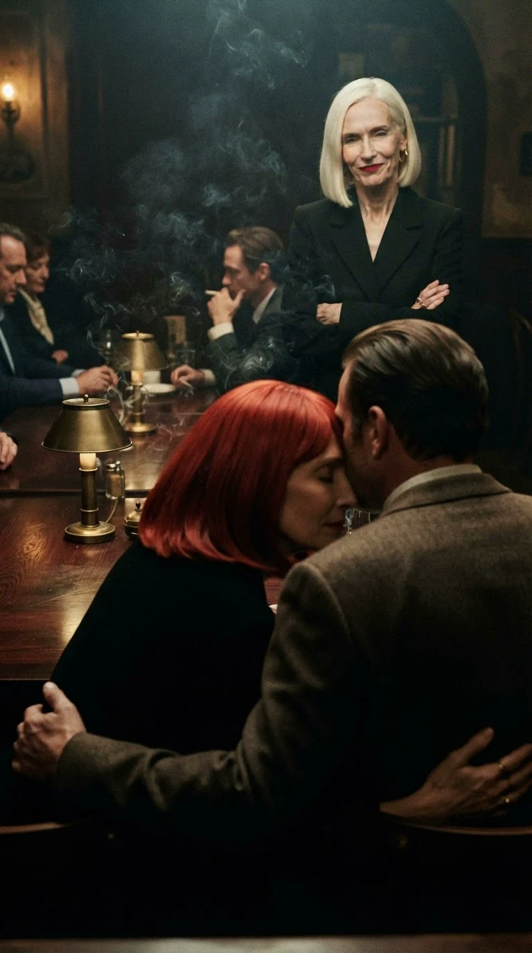 Behind them, Delphine watches with a cold flat smile while the woman in the red wig stays close to the man.
