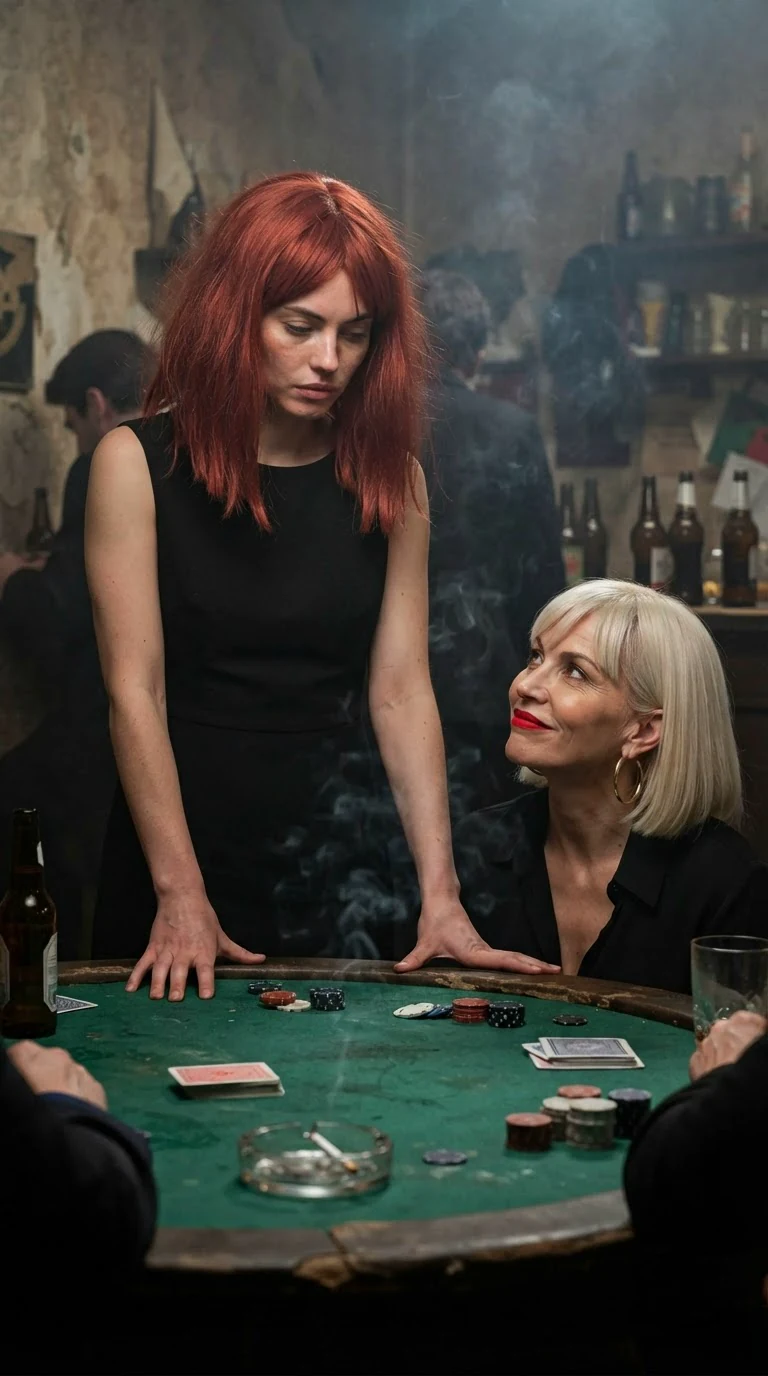 Mira stands flushed at a green card table in a red wig while Delphine smirks at her.