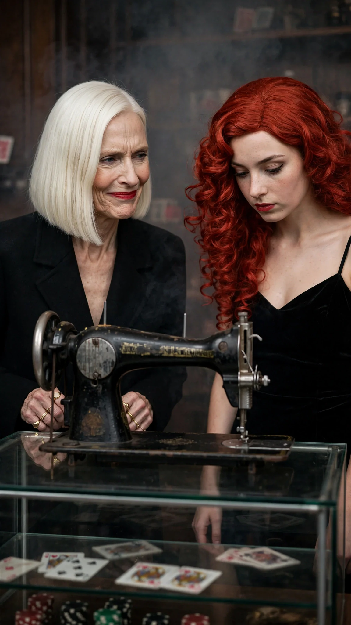 Delphine stands beside a glass shelf holding an old sewing machine, taunting Mira.