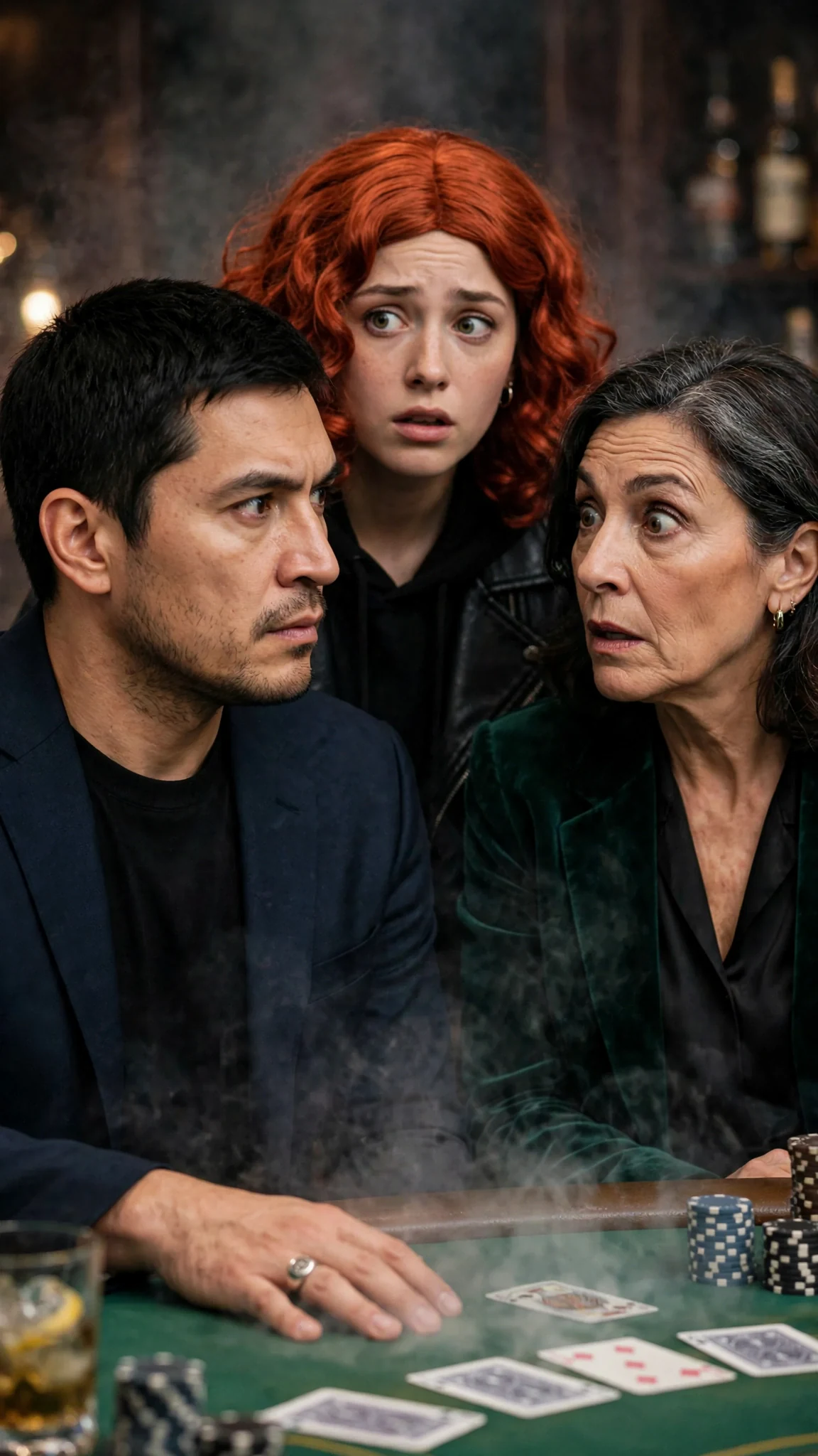 Rafael stands between Mira and Delphine with his hand flat on the felt table.
