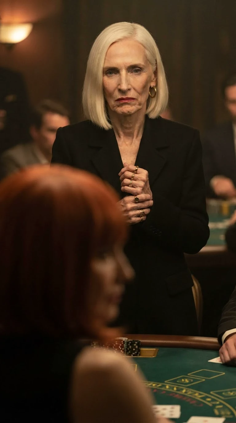 Delphine's mouth tightens in anger held back by fear as Mira watches her.