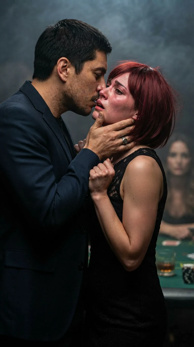 Rafael grips Mira's jaw and kisses her hard while she fists his shirt.