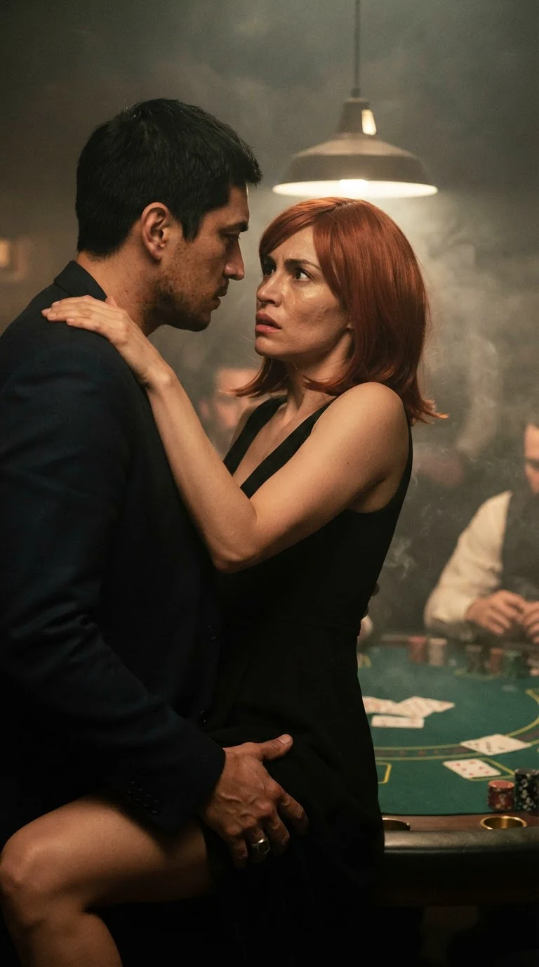 Rafael's hand disappears under the hem of Mira's black dress at her thigh.