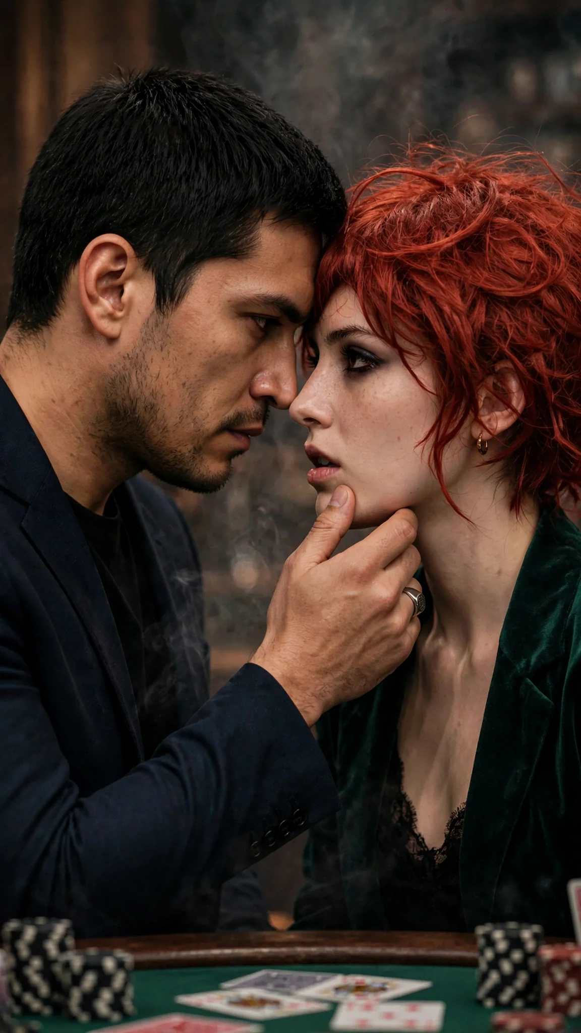 Rafael's forehead near Mira's as his thumb brushes the edge of her underwear.