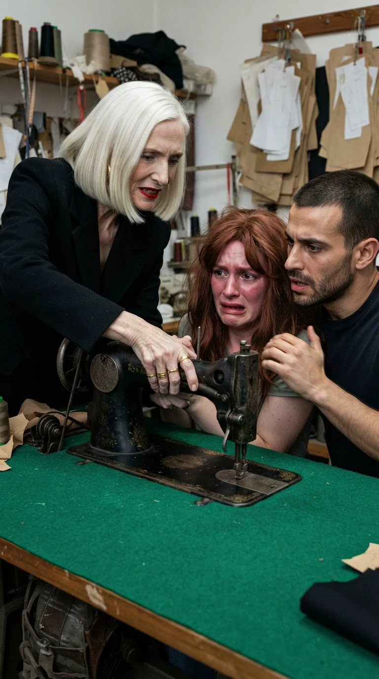 Delphine shoves the old sewing machine across the green table toward Mira.