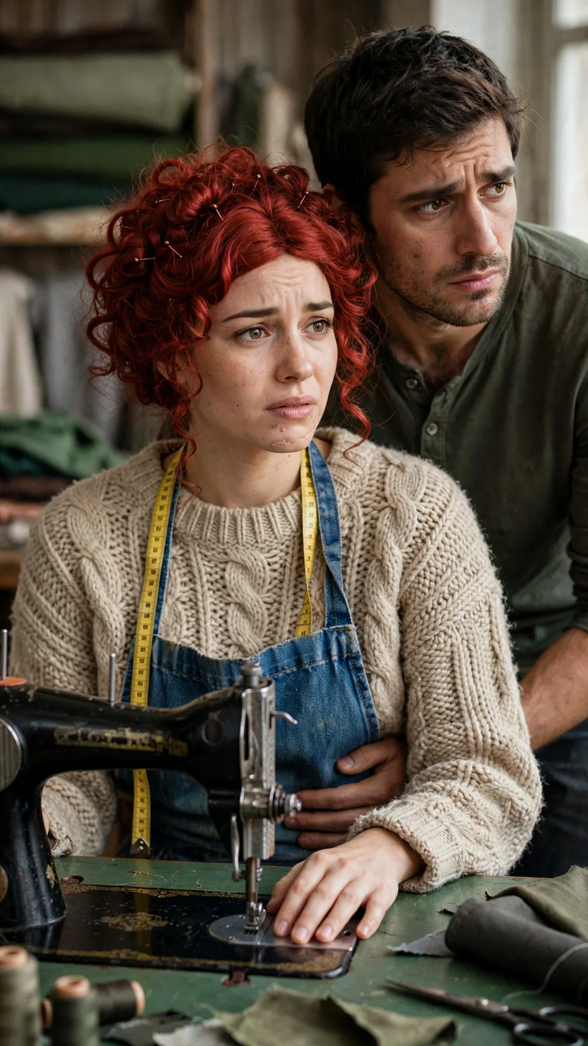 Mira's shaking hand rests on the sewing machine while Rafael's hand stays on her lower back.