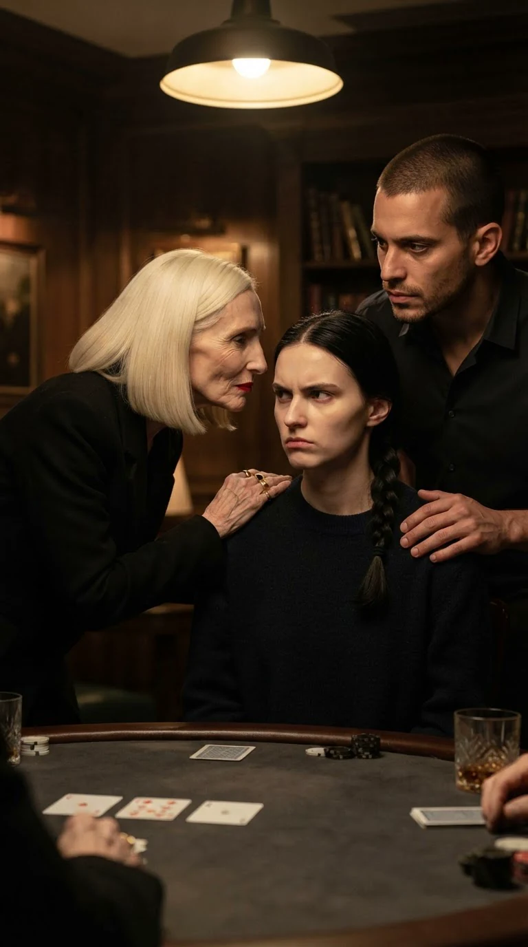 Delphine leans close to warn Mira while Rafael stands behind her.