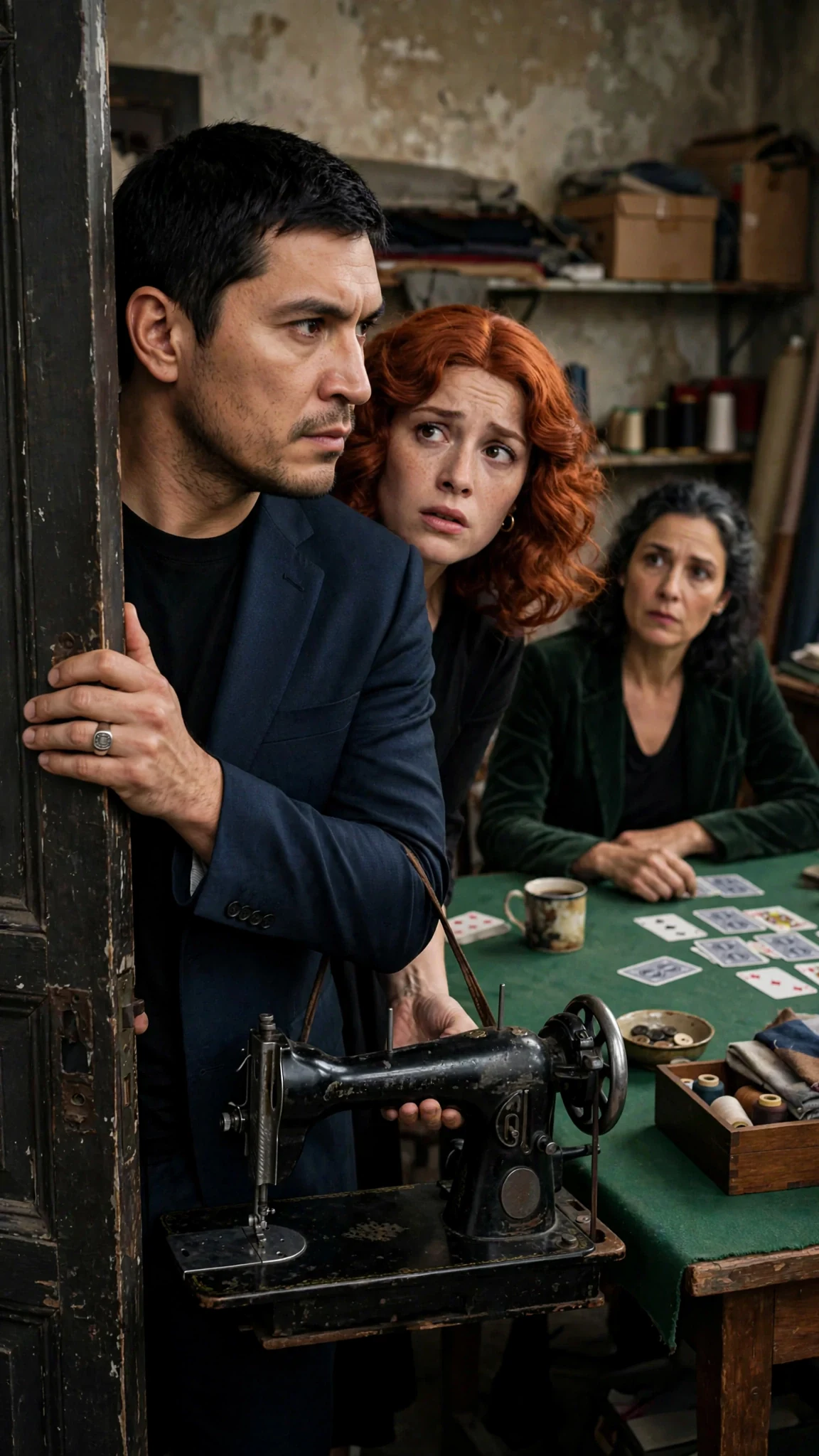 Rafael lifts the sewing machine and holds the door open for Mira.