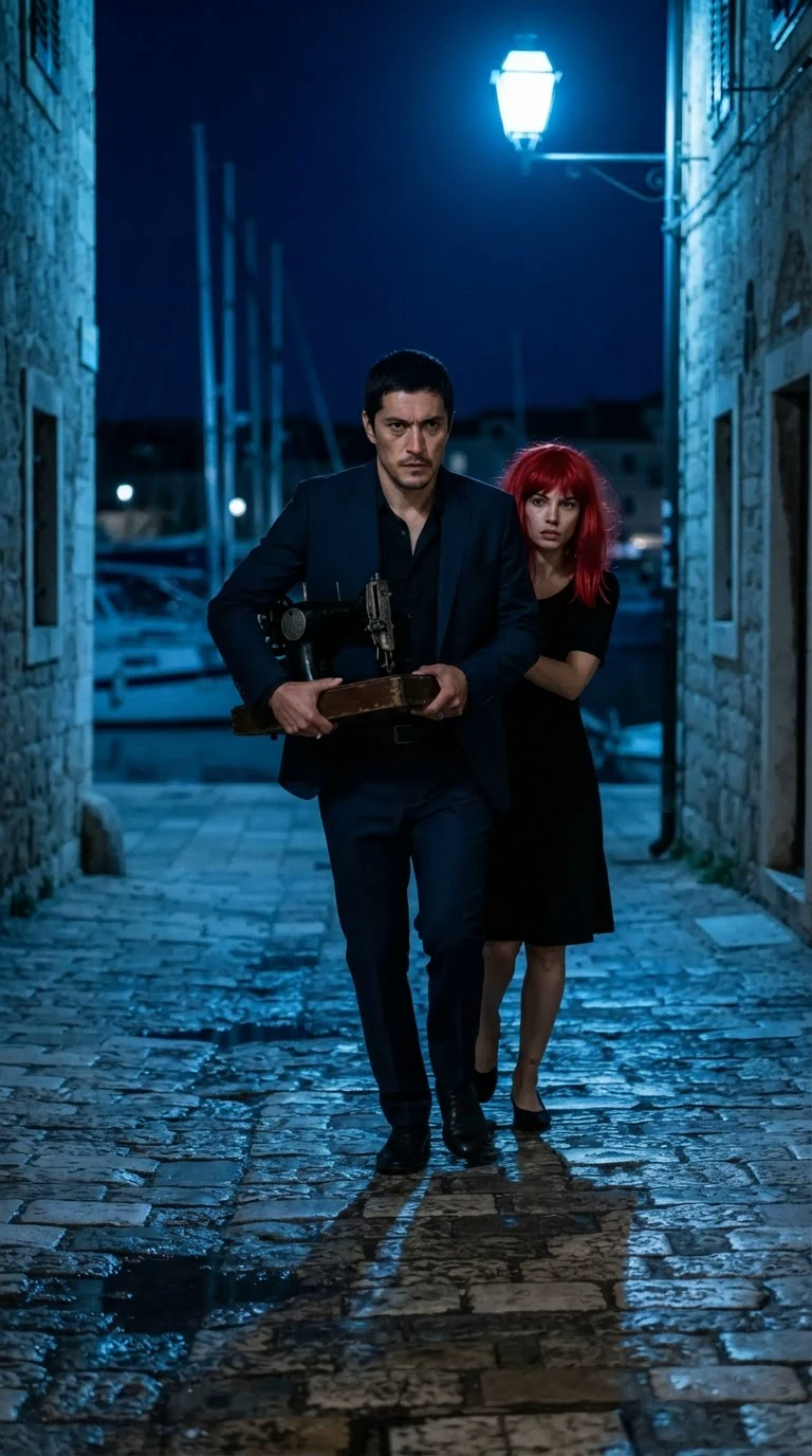 A tall man in a dark suit carries a heavy old sewing machine down a wet street at night while a small woman in a red wig hurries behind him.