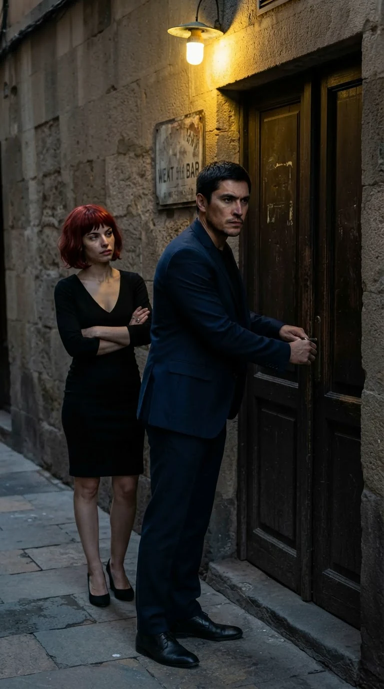 A man pushes open the heavy door of a small dark bar, the woman behind him.