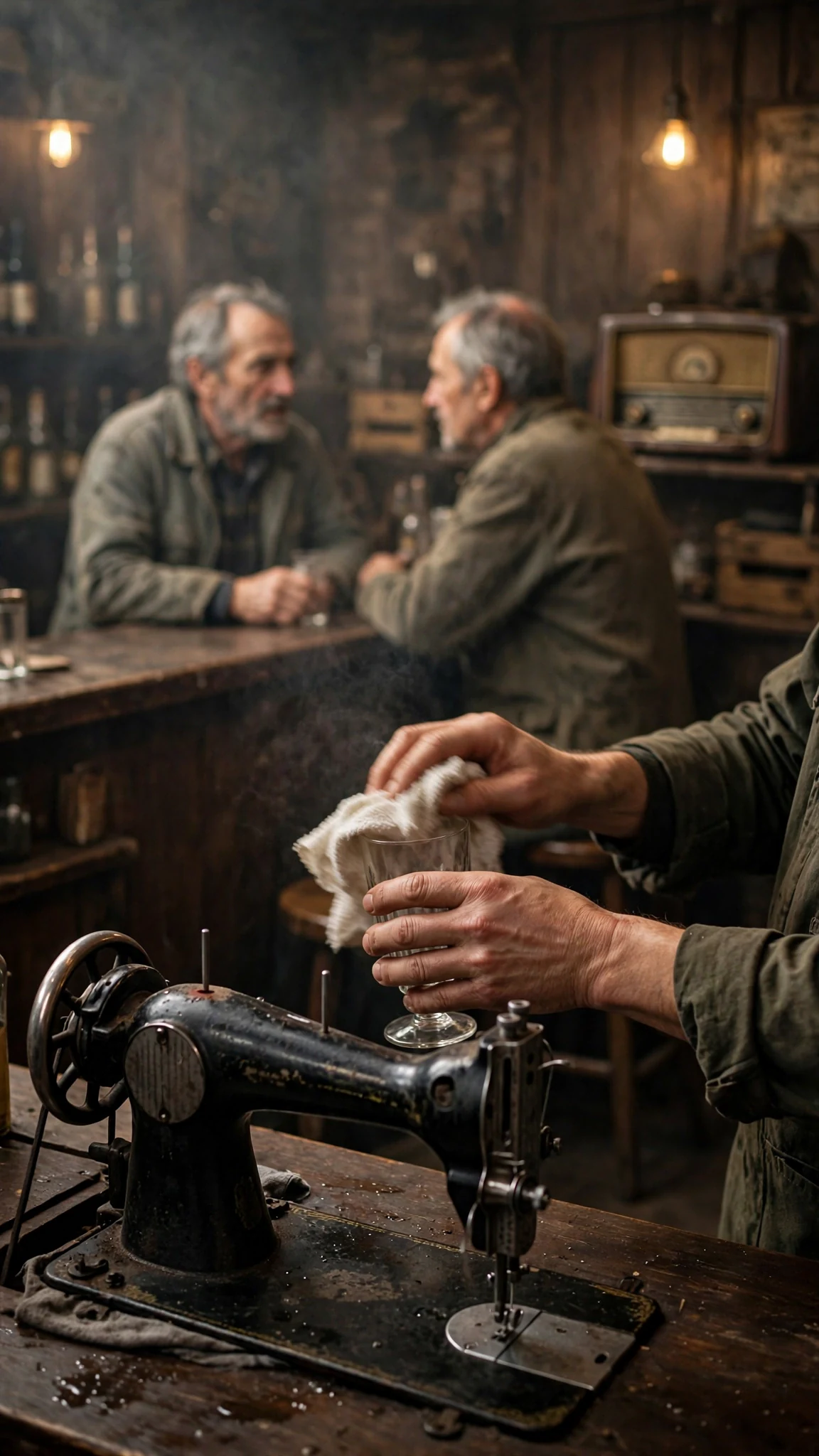An almost empty bar with two older men at the far end, and a black sewing machine set on the counter.