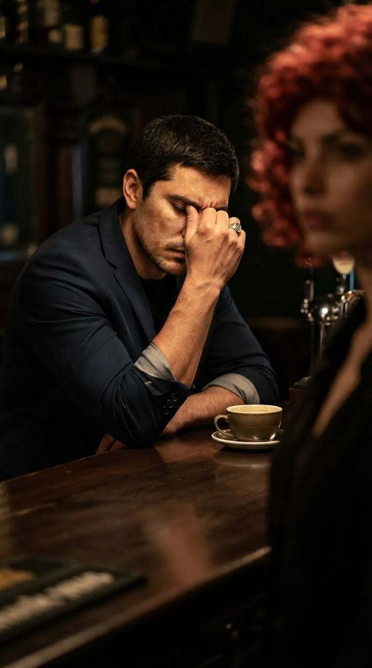 A tired man in a suit sits at a bar and presses his fingers to his eyes.