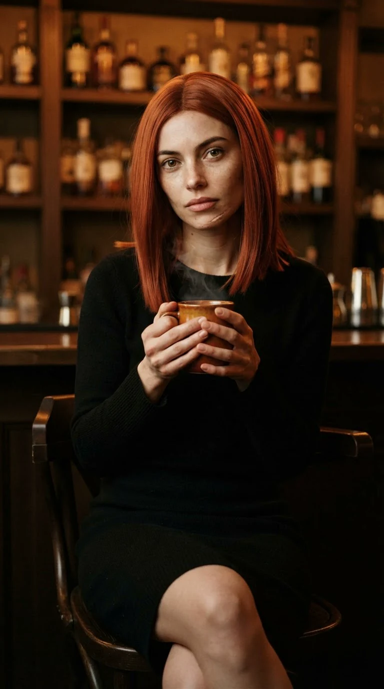 The woman in the red wig sits on a bar stool with both hands wrapped around a coffee cup.