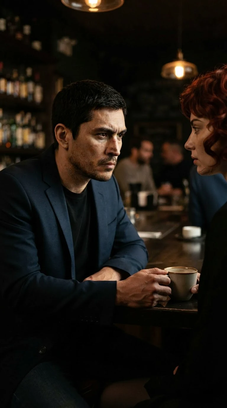 The man at the bar looks at the woman with flat, unreadable eyes.