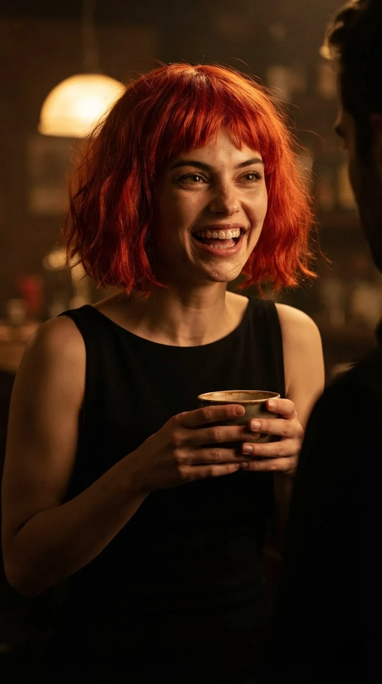 The woman laughs with a mean edge, chin lifted.