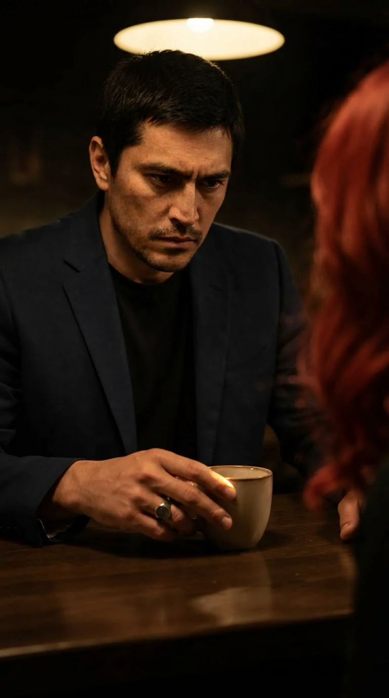 The man speaks flatly, eyes on his cup, jaw set.