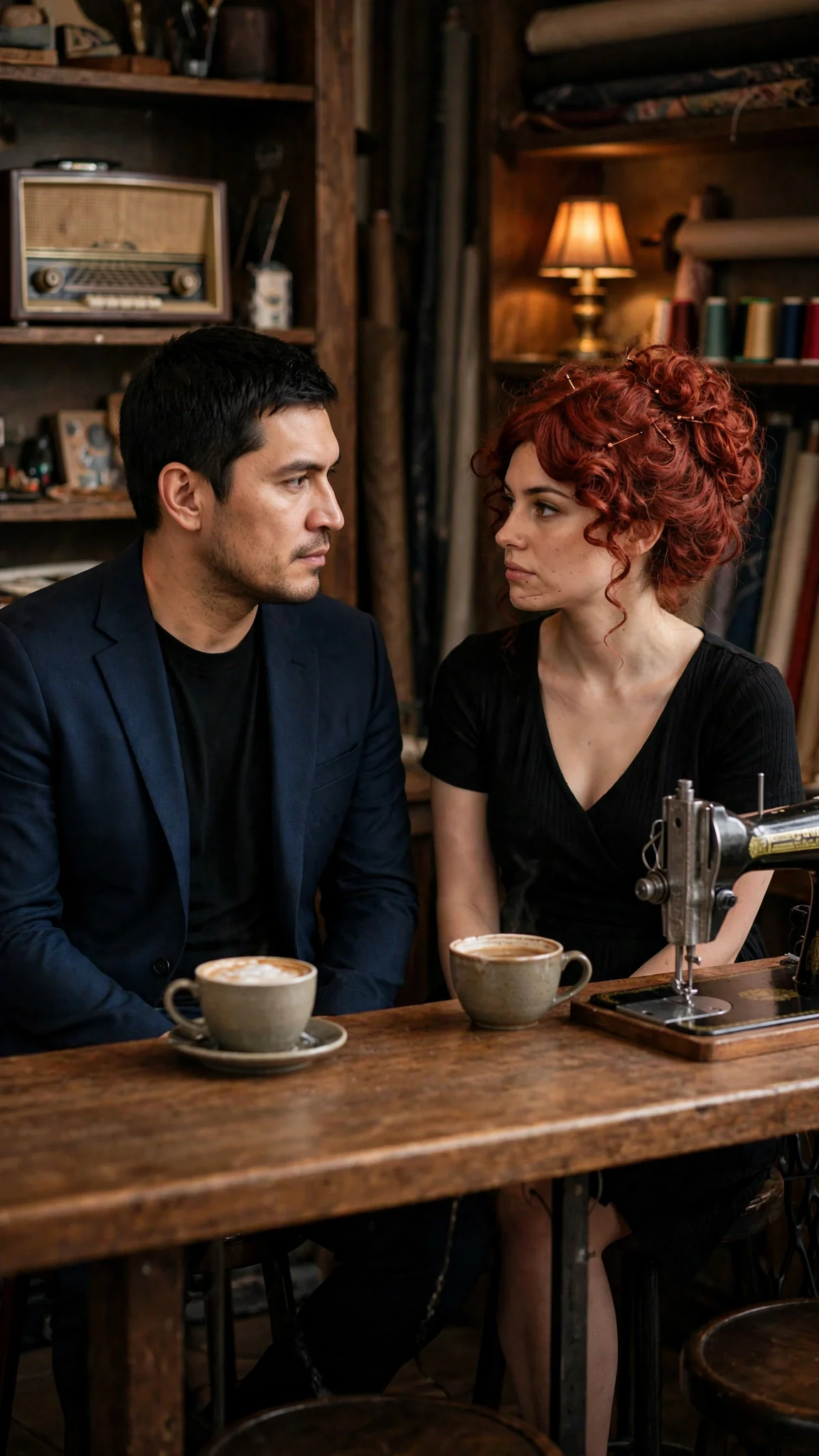 The two of them sit in silence at the bar, looking at each other.