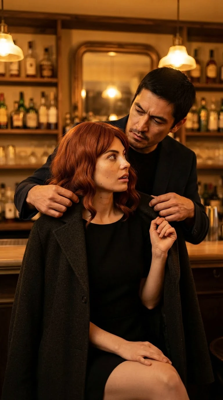 The man stands behind the woman's stool and lifts her coat off her shoulders.