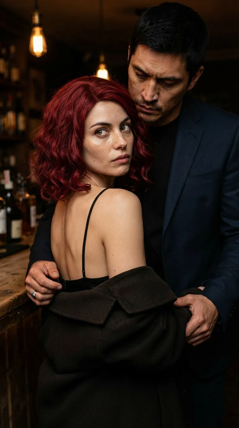 The coat slides down her arms as she looks up at him over her shoulder.