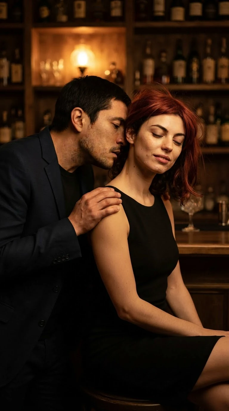 His mouth at her neck, her eyes closed.